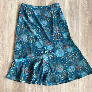 Vintage Y2K Women's Large Blue Paisley Floral Maxi Ruffle Hem Skirt Boho Fairy